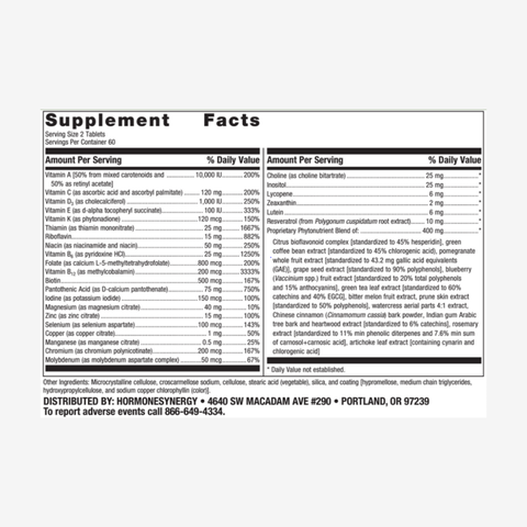PhytoSynergy Multi No Iron | Multivitamin w/ Phytonutrients TABLETS (green)
